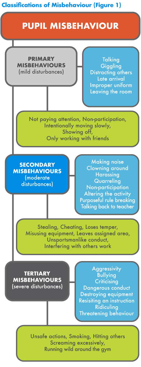 Table with the varying types of misbehaviour in the classroom and for Physical Education
